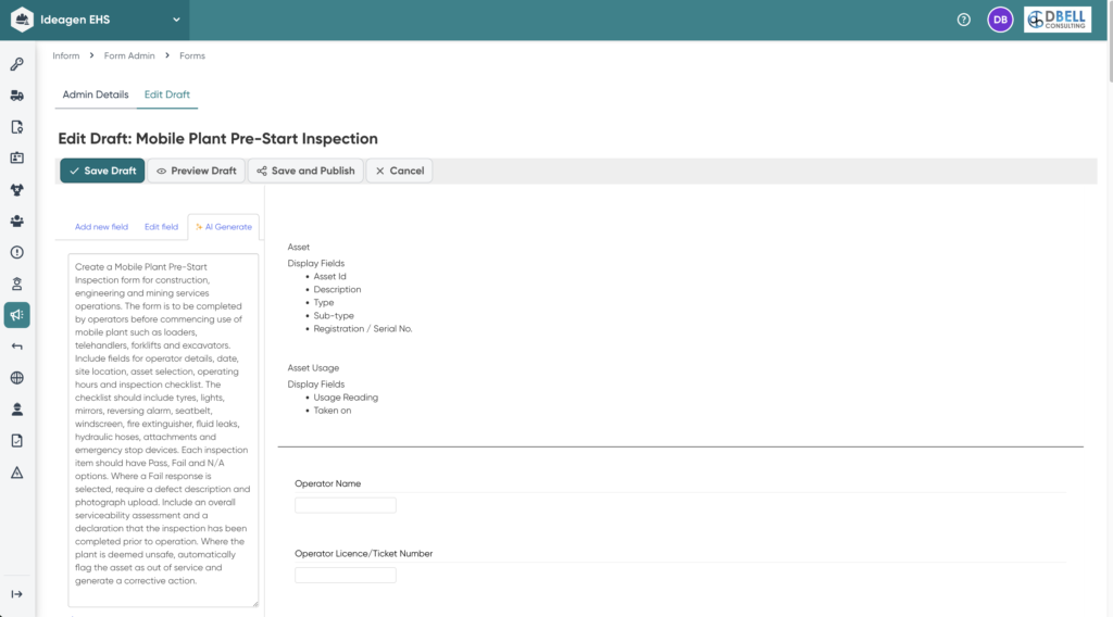 Ideagen EHS - Inform AI Form Builder (Draft Form)
