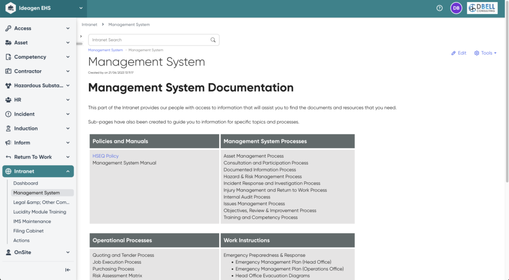 Ideagen EHS - Intranet Document Access Page