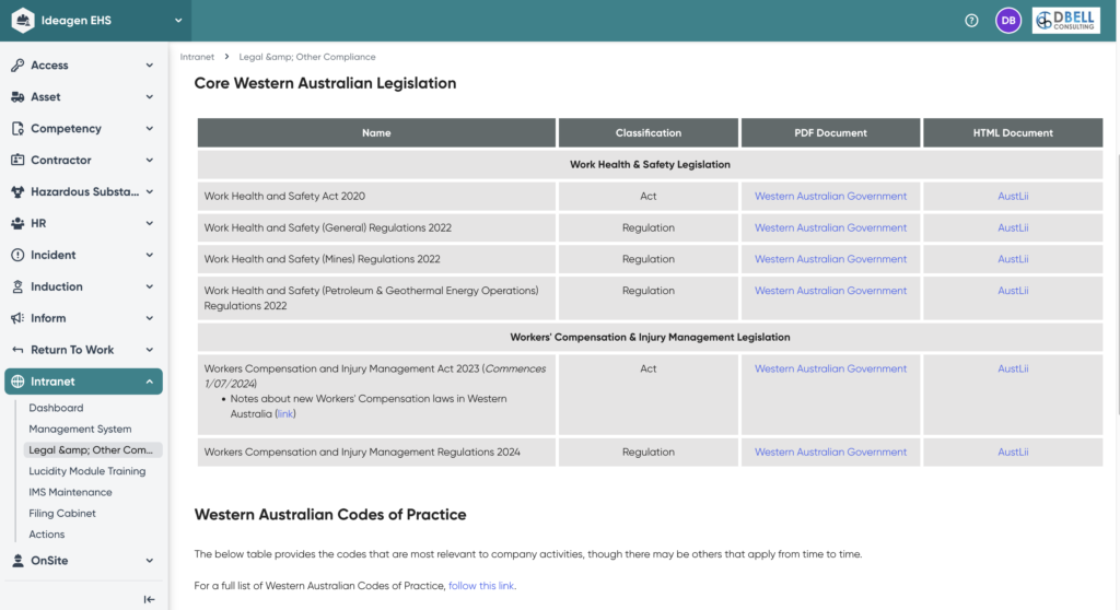 Ideagen EHS - Legal Register Page