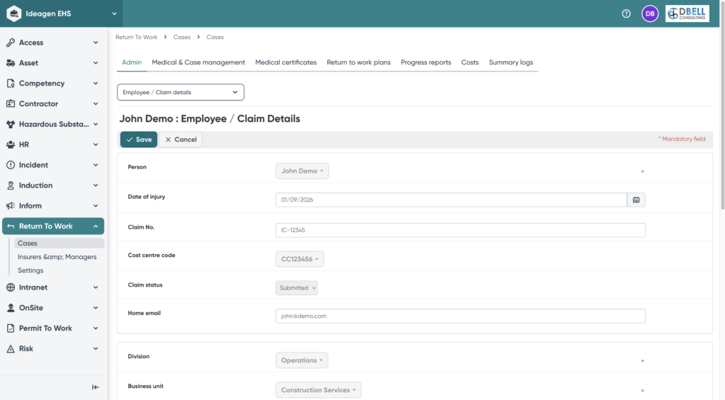 Ideagen EHS - Return to Work (Case Management)