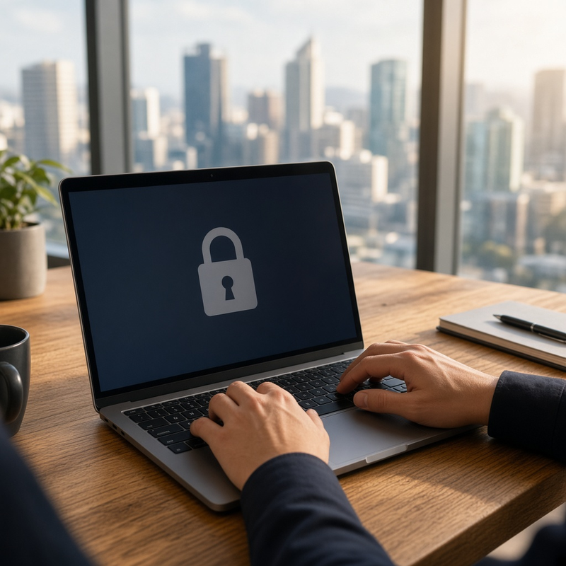 Hands on a laptop showing a padlock screen in an office