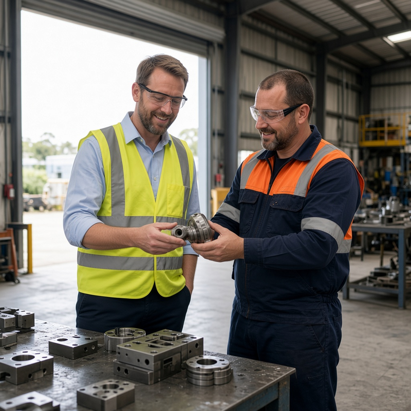 Consultant and client looking at a machined part together at a workshop bench